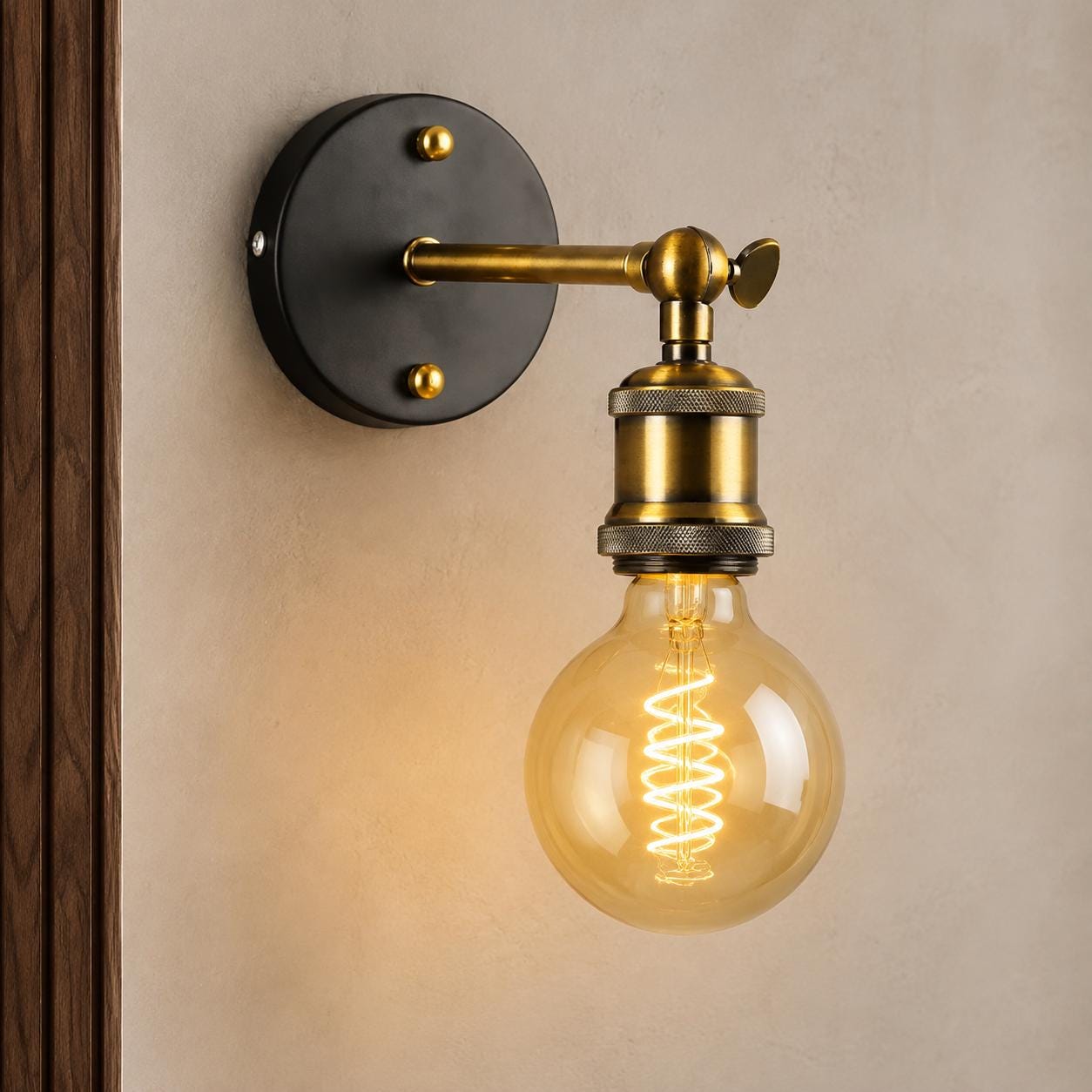 Industrial Adjustable Wall Sconce - Antique Brass & Matte Black Exposed Bulb Sconce