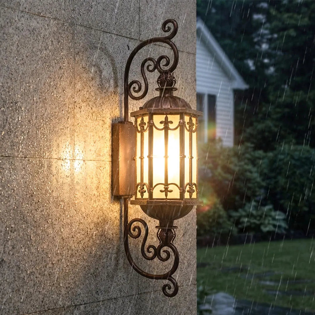 Vintage European Outdoor Wall Sconce – Antique Glass Lantern & Weatherproof Metal Fixture