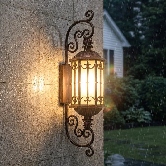 Vintage European Outdoor Wall Sconce – Antique Glass Lantern & Weatherproof Metal Fixture