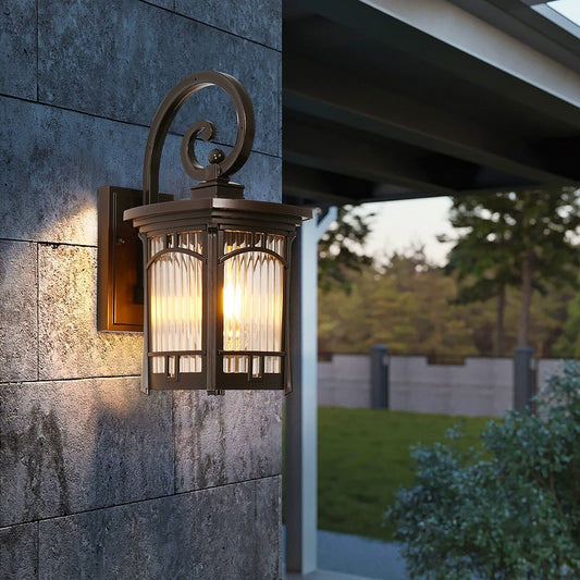 Vintage Striped Glass Outdoor Wall Sconce – Die-Cast Aluminum & Warm LED Modern Lantern