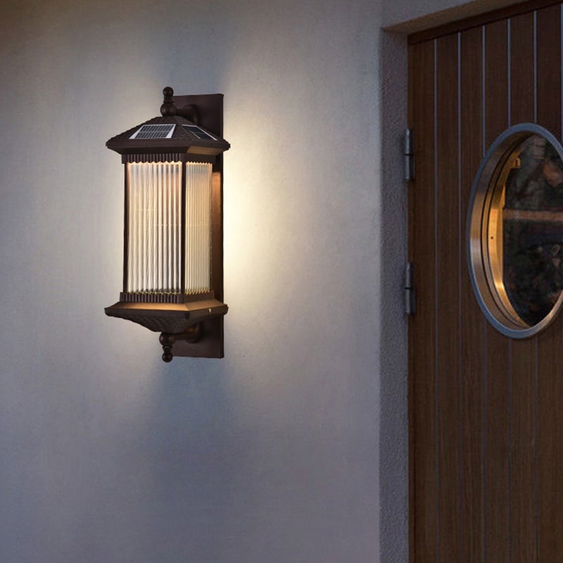Vintage Striped Glass Solar Outdoor Wall Sconce – Retro Brown IP65 Waterproof Architectural Light
