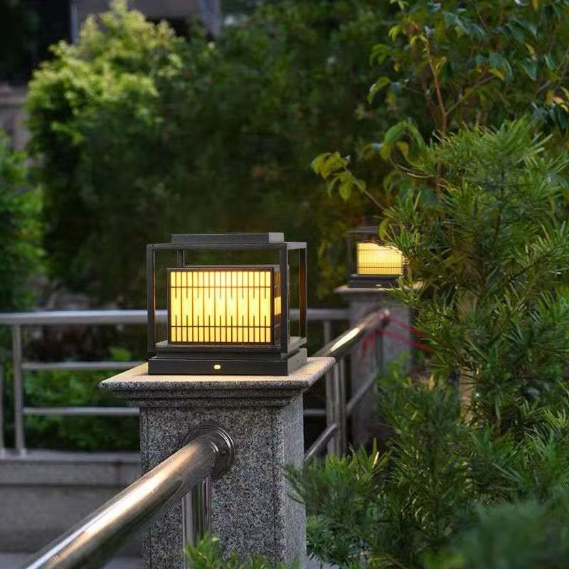 Vintage Window Grilles Solar Post Lamp – Modern Outdoor Waterproof Scagliola Pillar Light