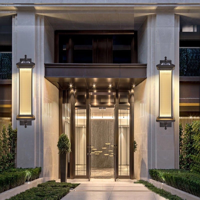 Vintage Striped Glass Solar Outdoor Wall Sconce – Retro Brown IP65 Waterproof Architectural Light