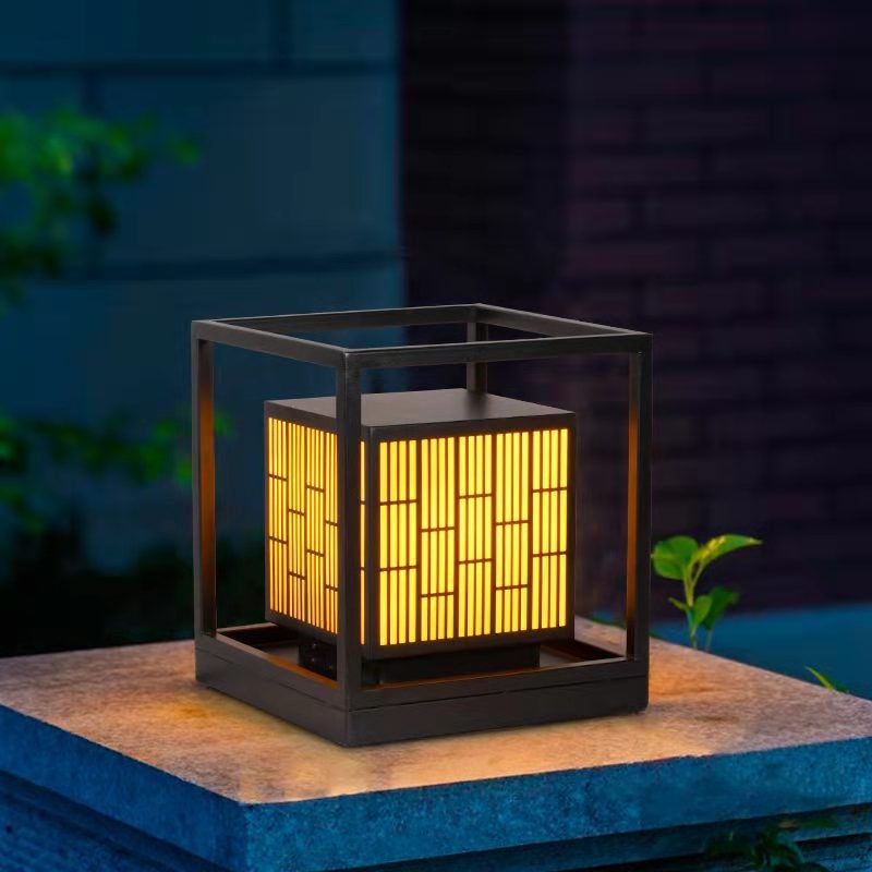 Vintage Window Grilles Solar Post Lamp – Modern Outdoor Waterproof Scagliola Pillar Light