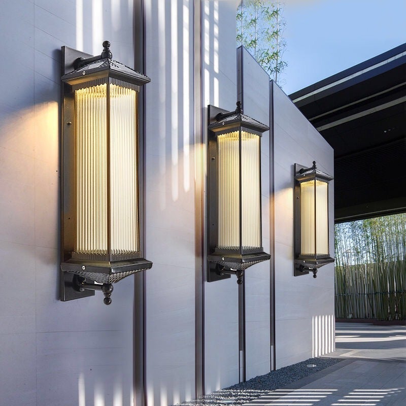 Vintage Striped Glass Solar Outdoor Wall Sconce – Retro Brown IP65 Waterproof Architectural Light