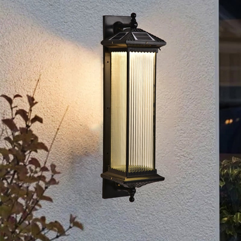 Vintage Striped Glass Solar Outdoor Wall Sconce – Retro Brown IP65 Waterproof Architectural Light