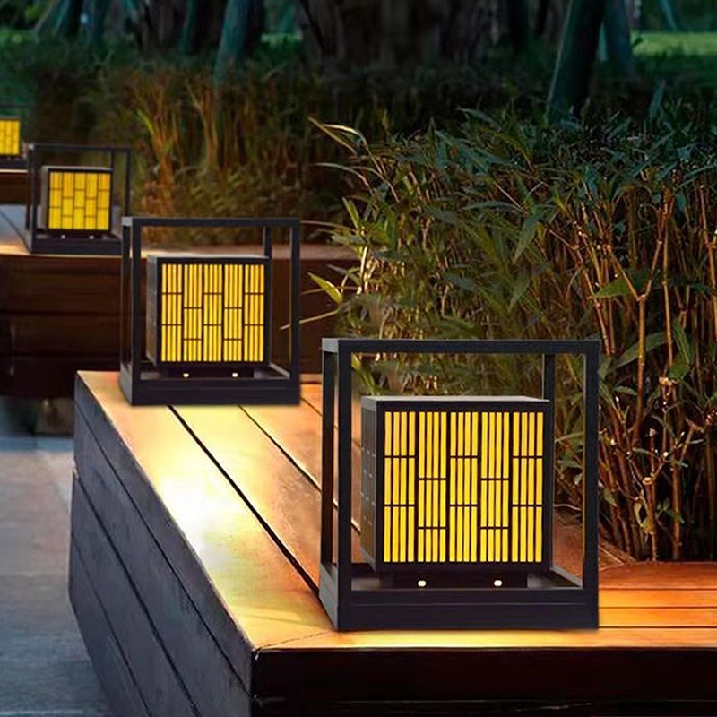 Vintage Window Grilles Solar Post Lamp – Modern Outdoor Waterproof Scagliola Pillar Light