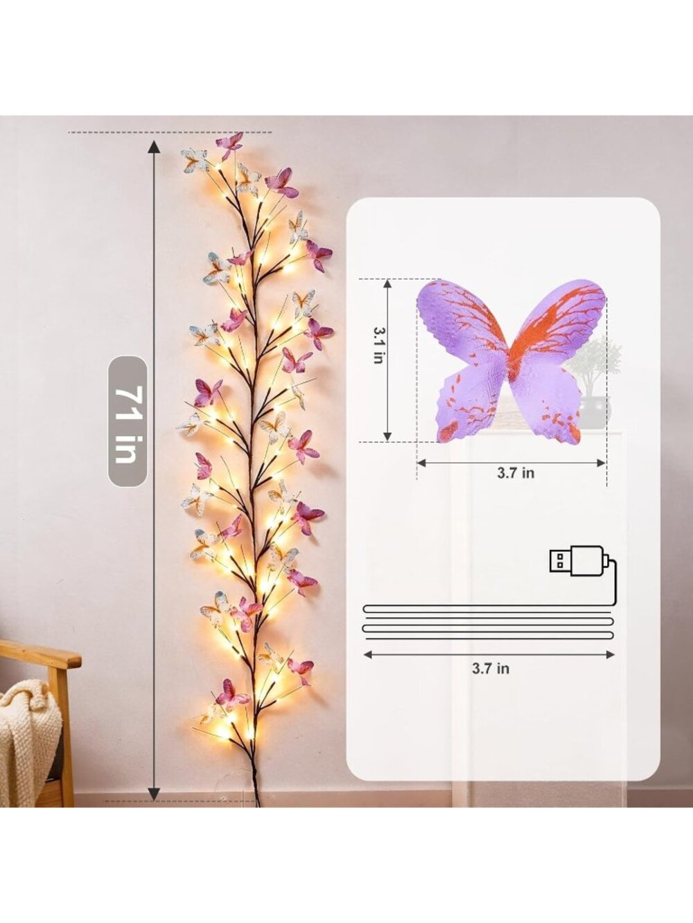 5.9FT 48LED Butterfly Vine Light – Flexible Branch Wall Decor