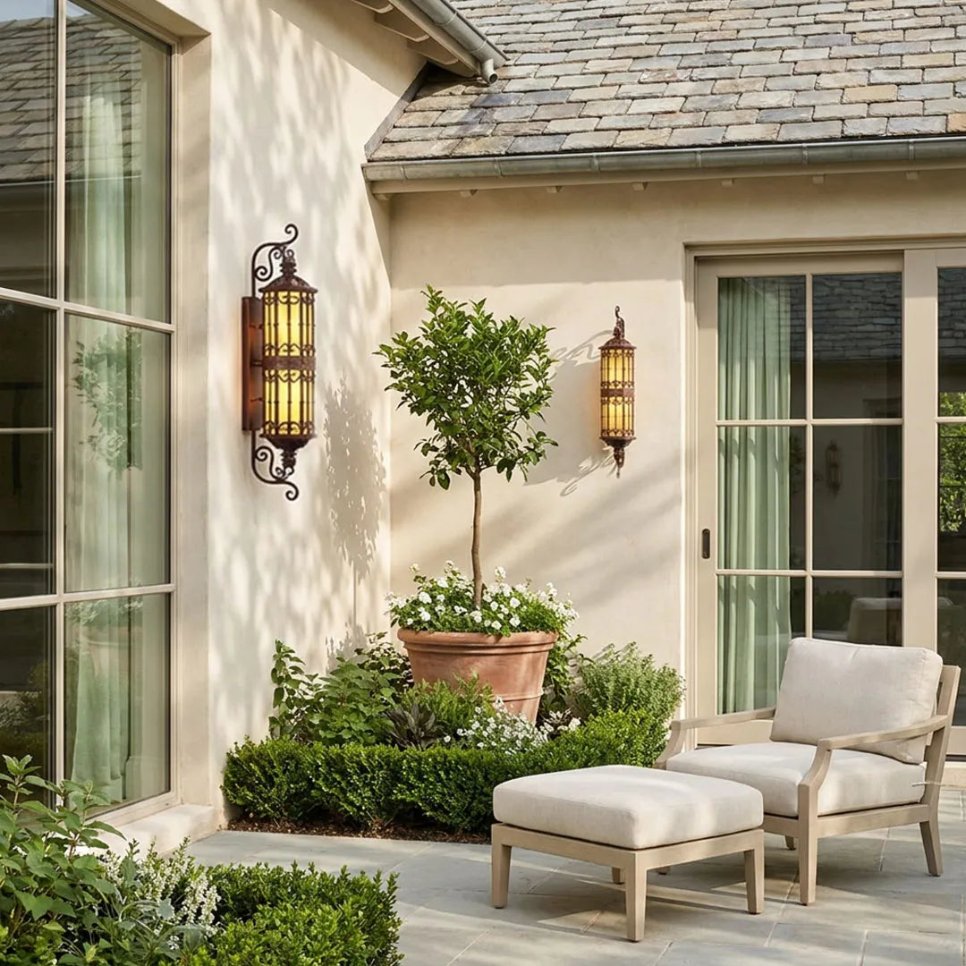 Vintage European Outdoor Wall Sconce – Antique Glass Lantern & Weatherproof Metal Fixture