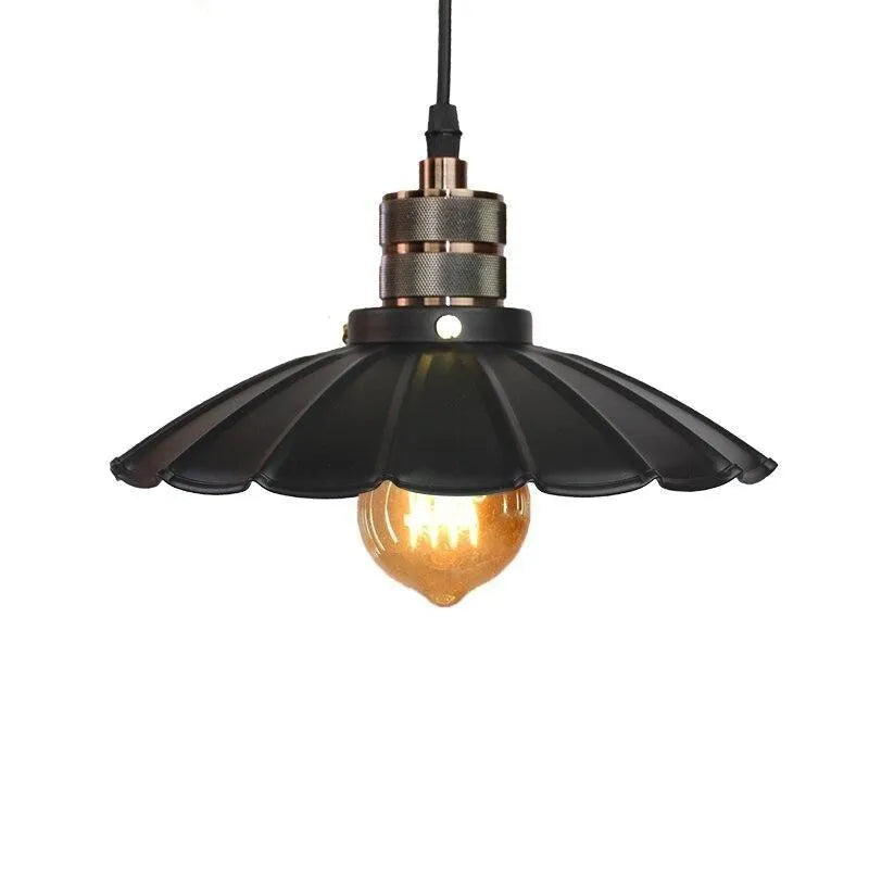 Industrial Scalloped Fluted Shade Pendant Light - Wrought Iron & Aluminum Vintage Pendant
