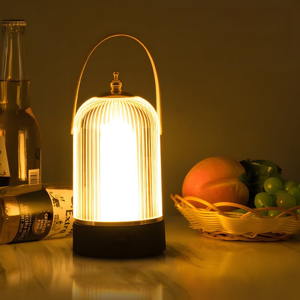 Ribbed Glass Table Lamp | Portable LED Lantern with Gold & Black Metal