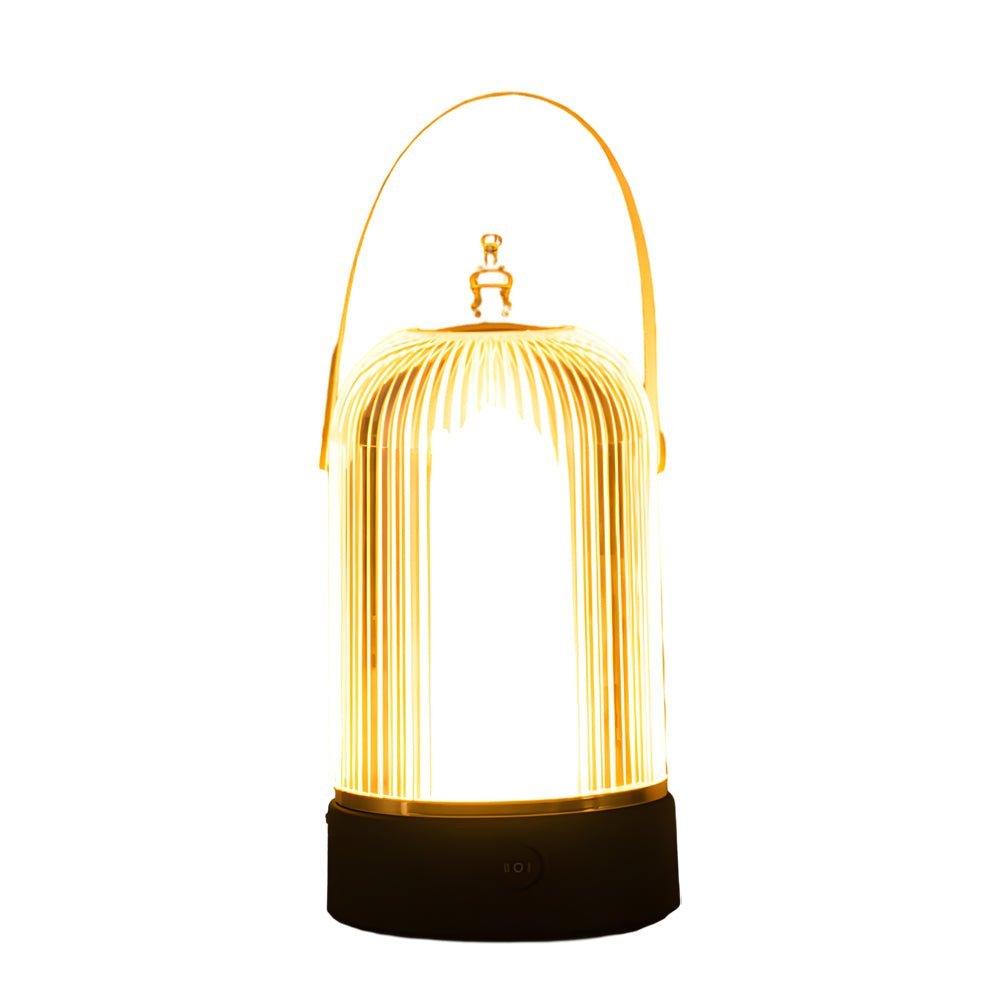 Ribbed Glass Table Lamp | Portable LED Lantern with Gold & Black Metal