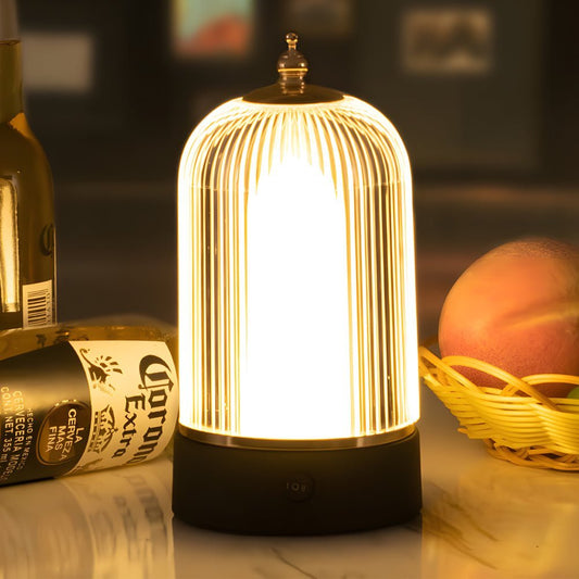 Ribbed Glass Table Lamp | Portable LED Lantern with Gold & Black Metal