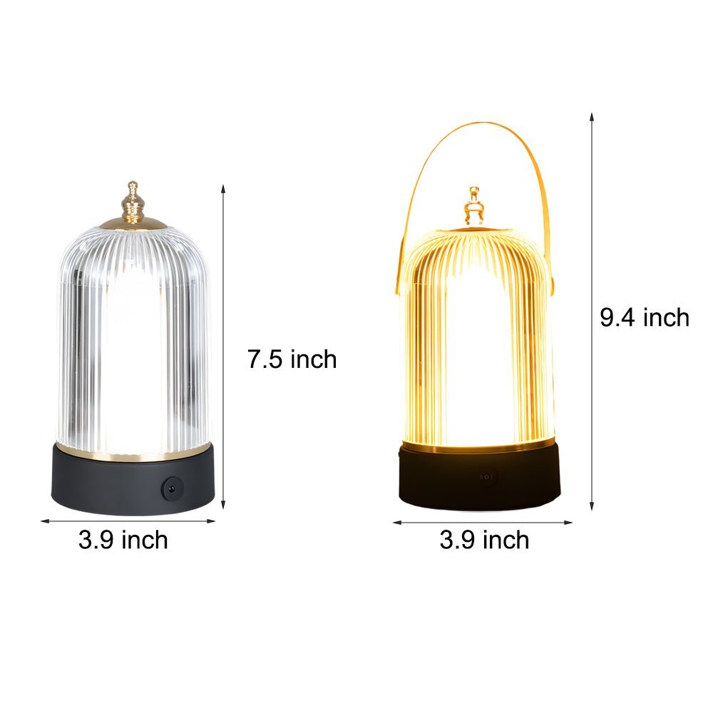 Ribbed Glass Table Lamp | Portable LED Lantern with Gold & Black Metal