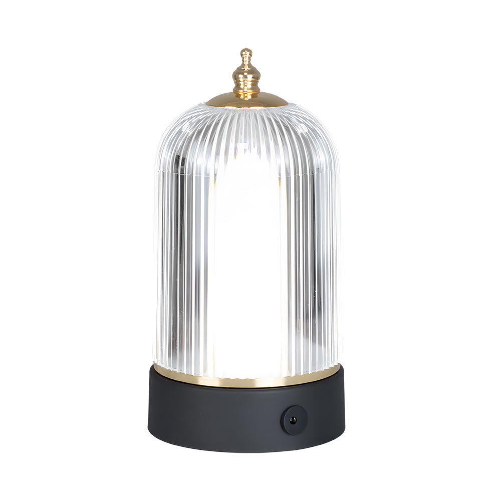 Ribbed Glass Table Lamp | Portable LED Lantern with Gold & Black Metal