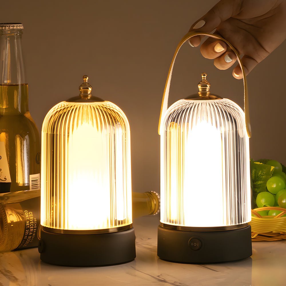 Ribbed Glass Table Lamp | Portable LED Lantern with Gold & Black Metal