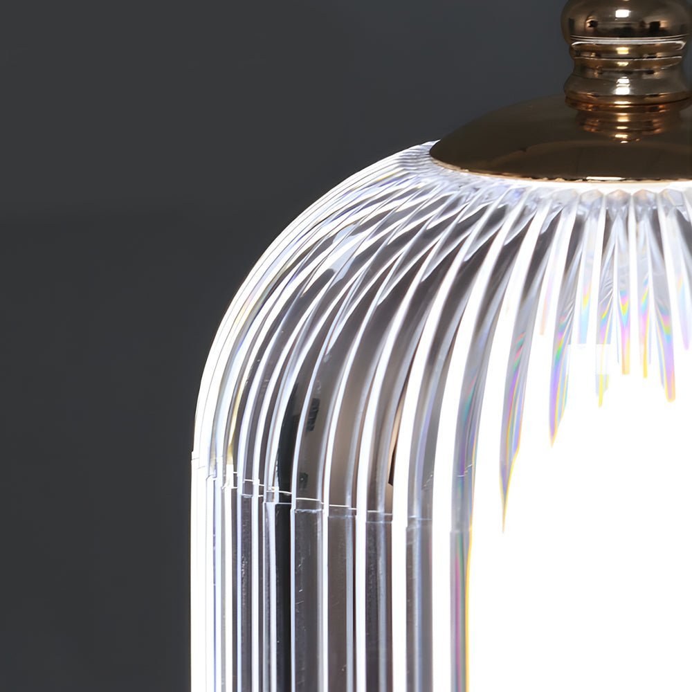 Ribbed Glass Table Lamp | Portable LED Lantern with Gold & Black Metal