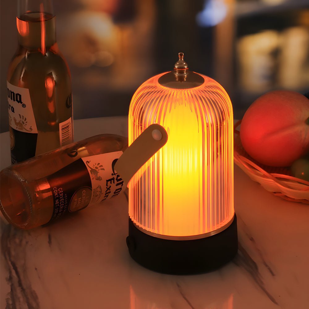 Ribbed Glass Table Lamp | Portable LED Lantern with Gold & Black Metal