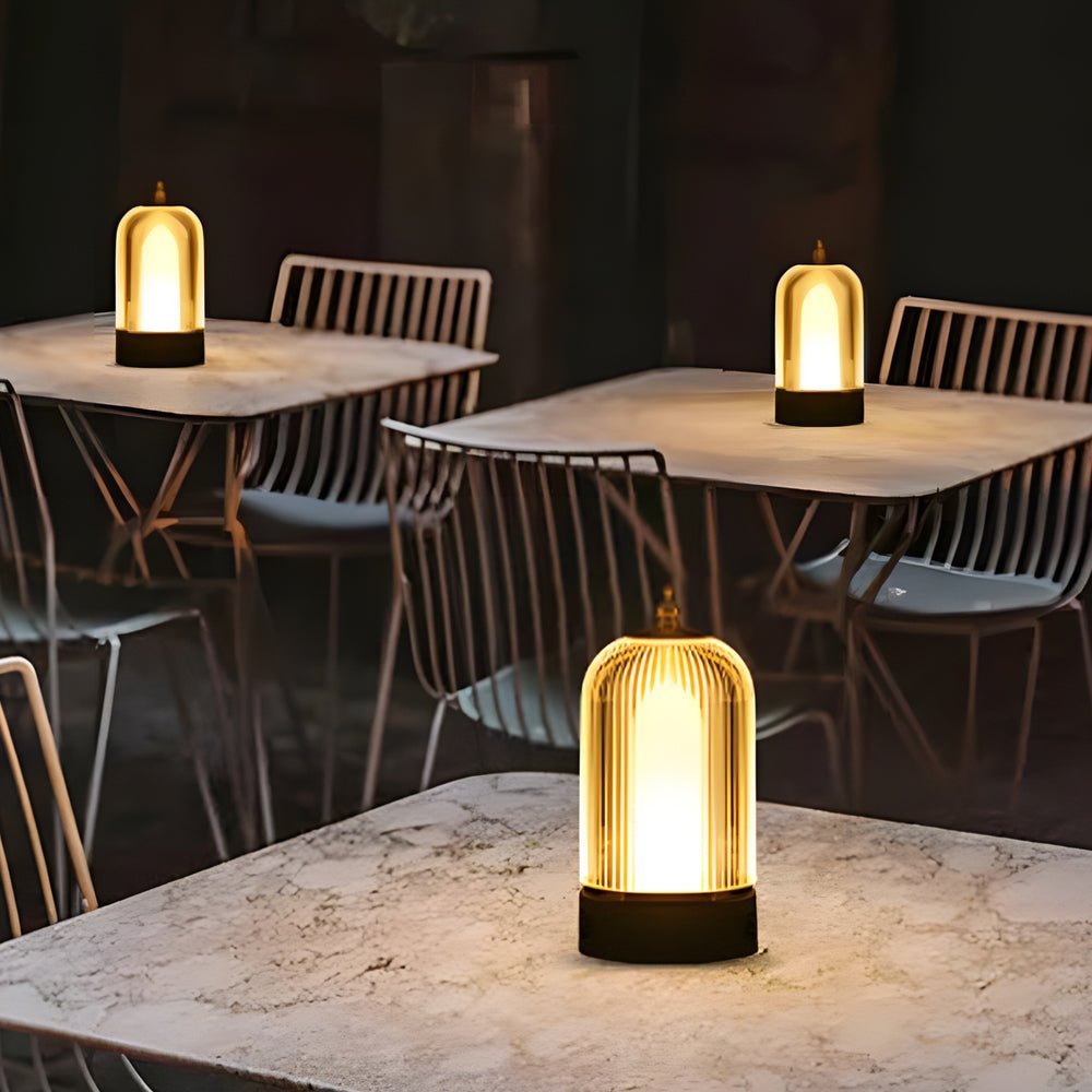 Ribbed Glass Table Lamp | Portable LED Lantern with Gold & Black Metal