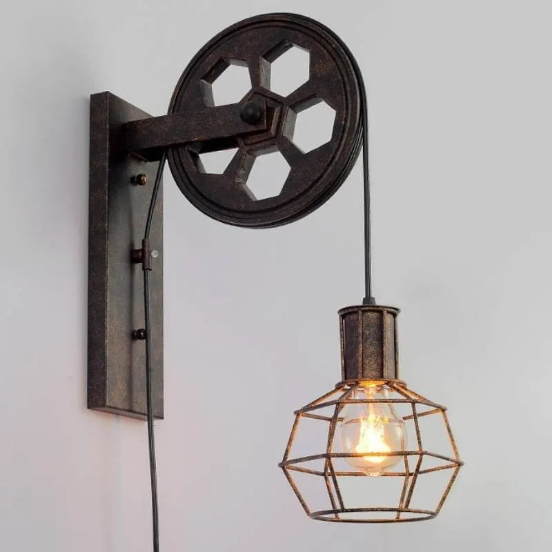 Steampunk Pulley Wall Light - Industrial Iron Pulley Wheel & Caged Edison Sconce