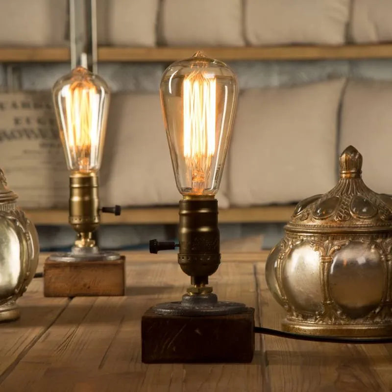 Steampunk Industrial Wooden Block Table Lamp - Solid Wood Base & Antique Brass Edison Desk Lamp
