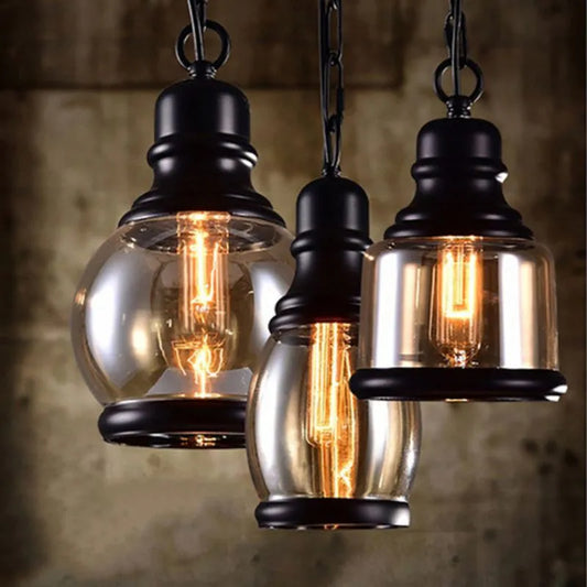 Steampunk Industrial Glass Pendant Light - Vintage Black Iron Chain & Hand-Blown Glass Pendant