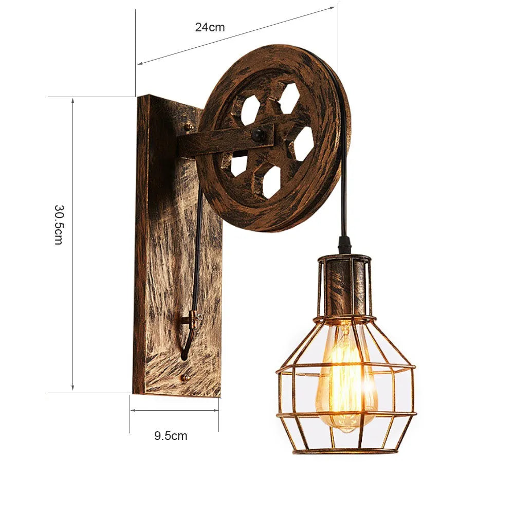 Steampunk Pulley Wall Light - Industrial Iron Pulley Wheel & Caged Edison Sconce