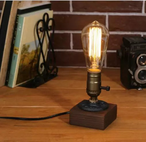 Steampunk Industrial Wooden Block Table Lamp - Solid Wood Base & Antique Brass Edison Desk Lamp