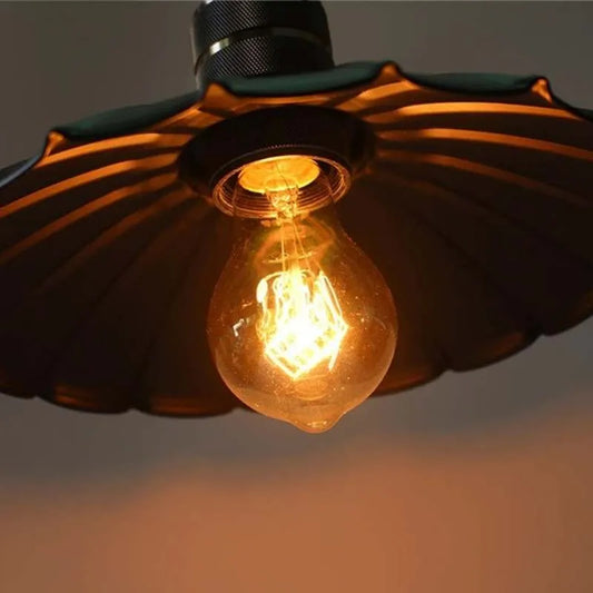 Industrial Scalloped Fluted Shade Pendant Light - Wrought Iron & Aluminum Vintage Pendant