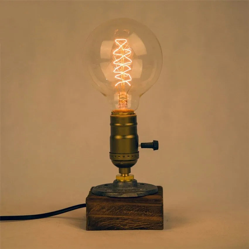 Steampunk Industrial Wooden Block Table Lamp - Solid Wood Base & Antique Brass Edison Desk Lamp