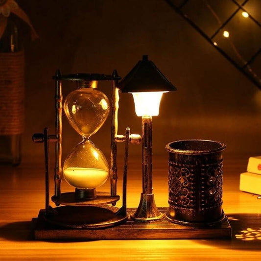Creative Steampunk Hourglass Table Lamp - Ancient Gold Desk Lamp & Pen Holder