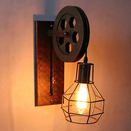 Steampunk Pulley Wall Light - Industrial Iron Pulley Wheel & Caged Edison Sconce