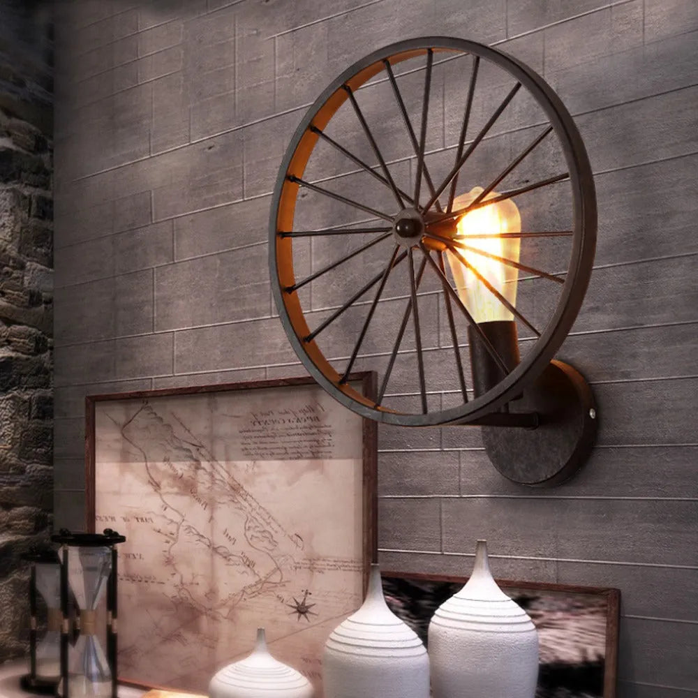 Industrial Spoked Wheel Wall Light - Matte Black Iron Wagon Wheel Sconce