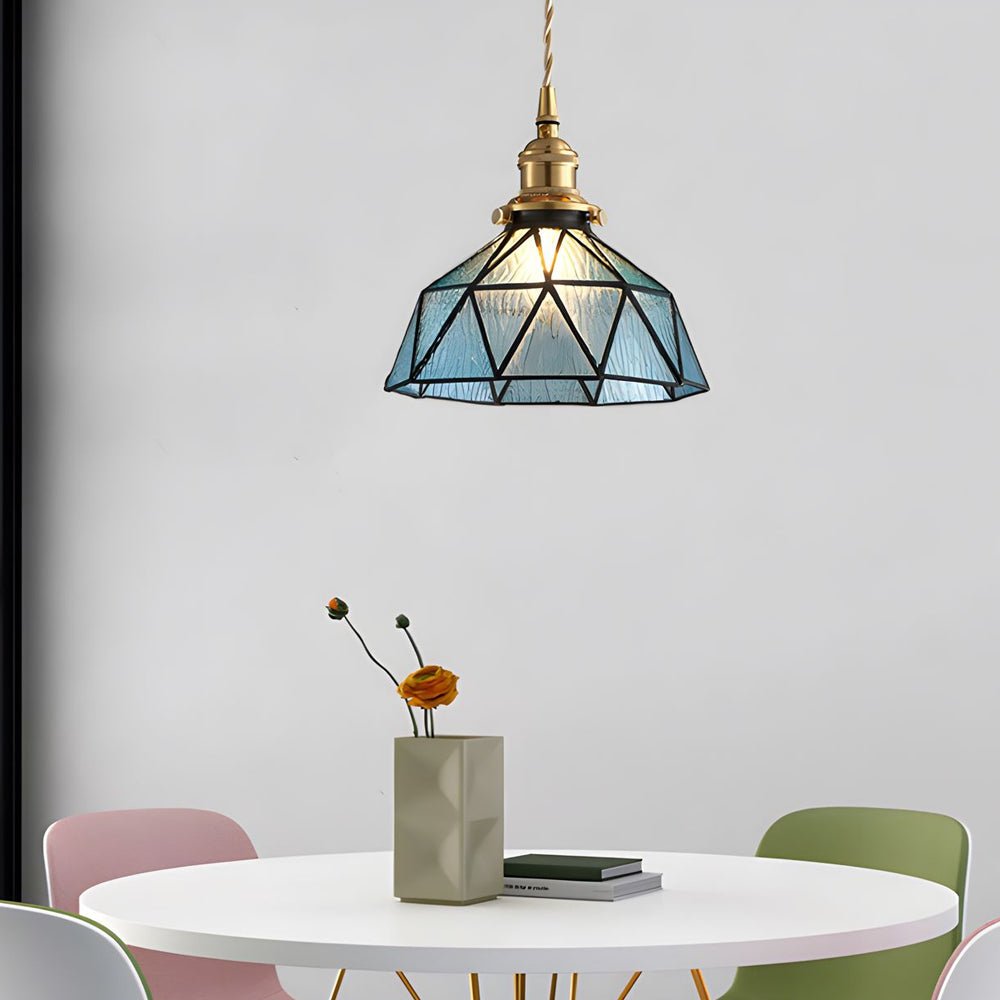 Vintage Stained Glass Pendant Light – Handcrafted Cone Hanging Ceiling Lamp