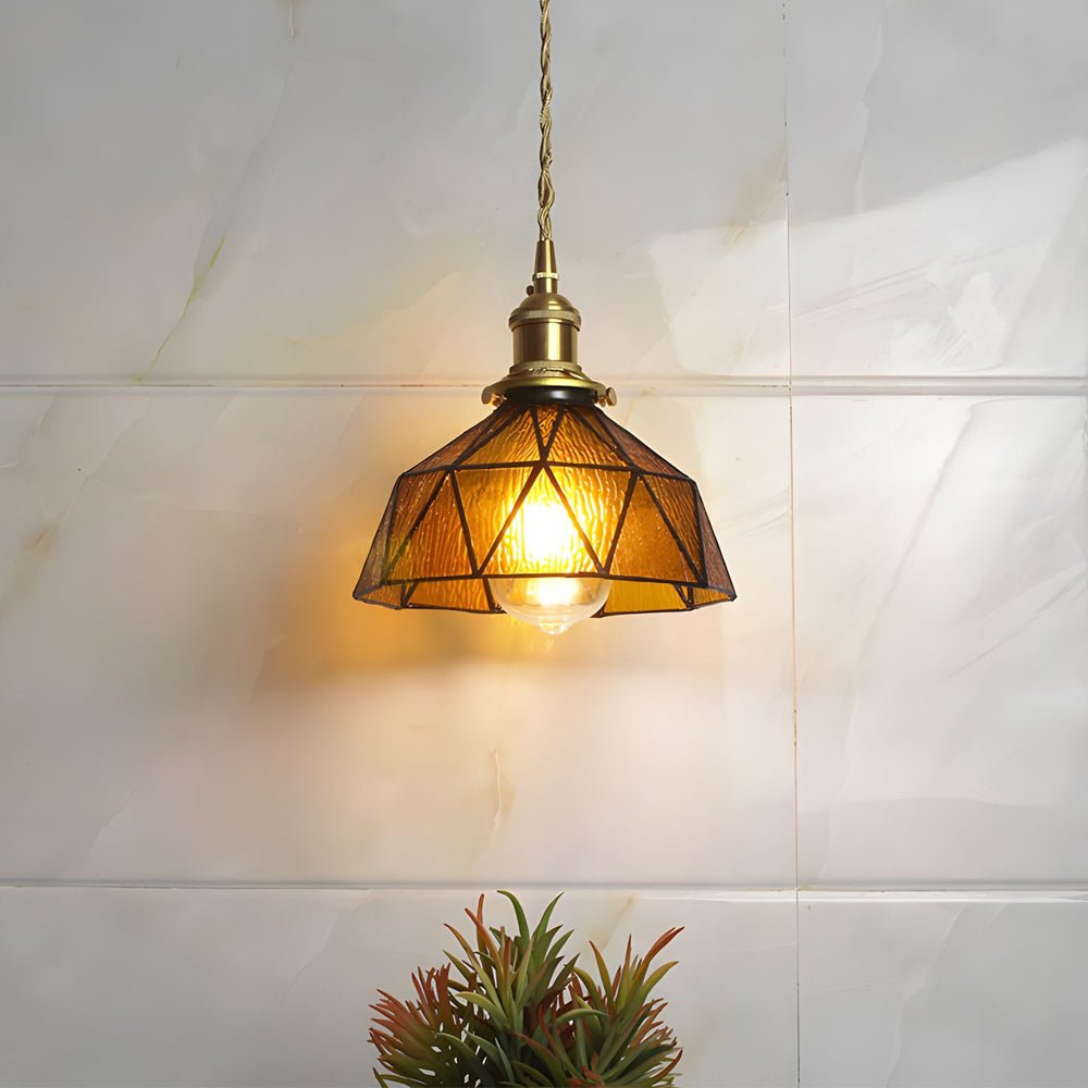 Vintage Stained Glass Pendant Light – Handcrafted Cone Hanging Ceiling Lamp
