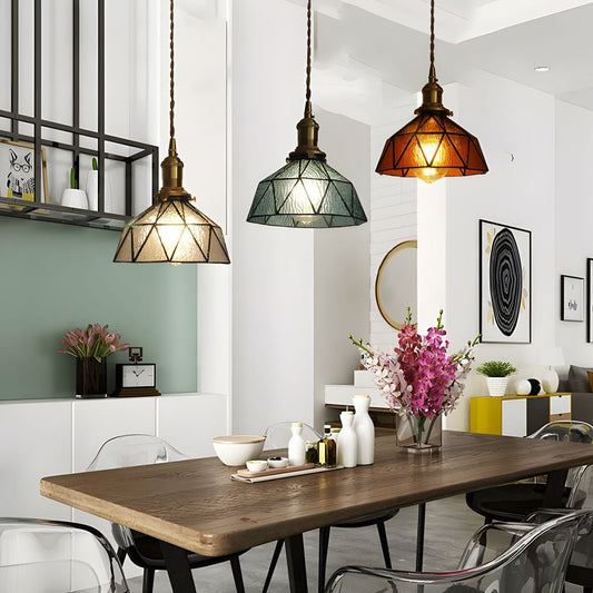 Vintage Stained Glass Pendant Light – Handcrafted Cone Hanging Ceiling Lamp