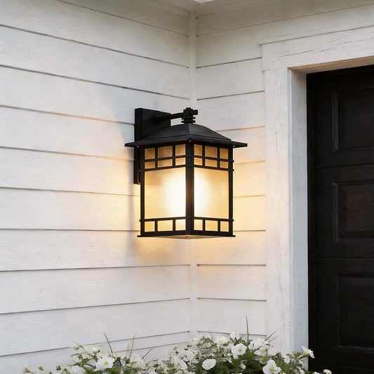 Vintage Square Outdoor Wall Lantern – Black Aluminum & Glass Industrial Sconce