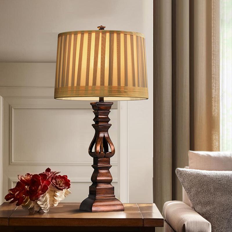 Vintage Wood Table Lamp – Distressed Tower Resin Base & Striped Linen Drum Shade Light