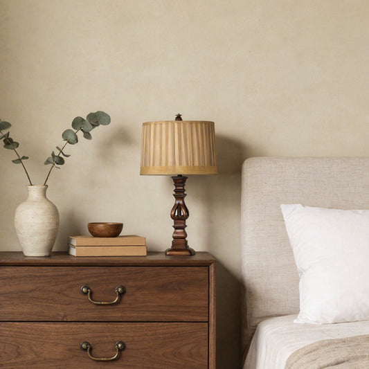 Vintage Wood Table Lamp – Distressed Tower Resin Base & Striped Linen Drum Shade Light