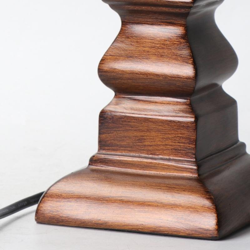 Vintage Wood Table Lamp – Distressed Tower Resin Base & Striped Linen Drum Shade Light