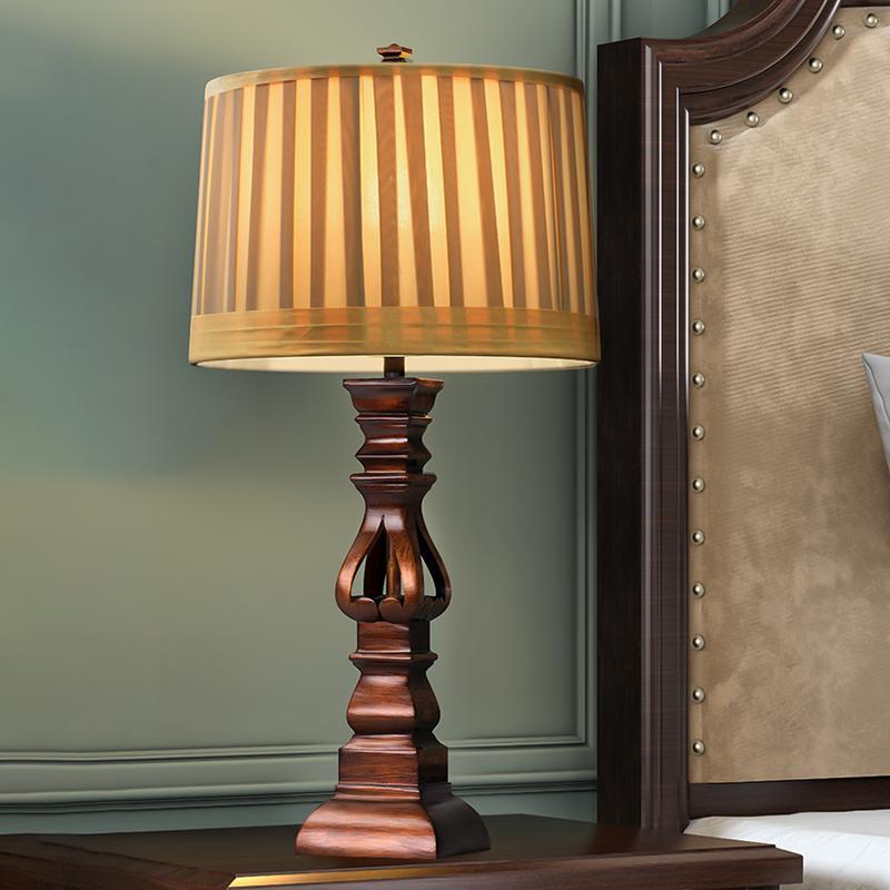Vintage Wood Table Lamp – Distressed Tower Resin Base & Striped Linen Drum Shade Light