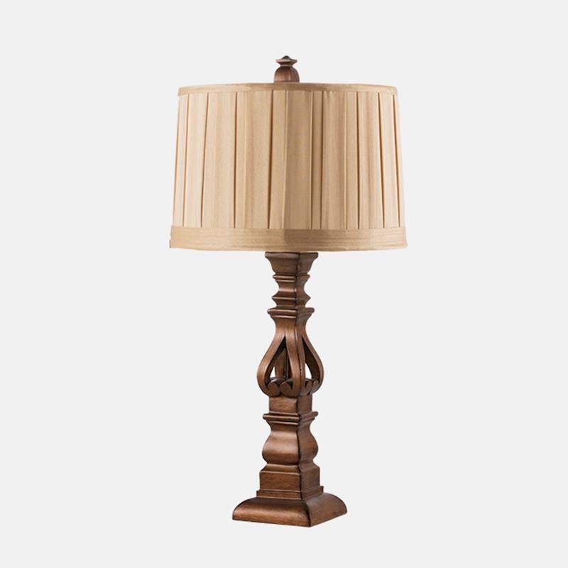 Vintage Wood Table Lamp – Distressed Tower Resin Base & Striped Linen Drum Shade Light