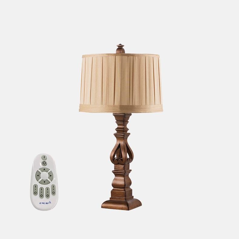 Vintage Wood Table Lamp – Distressed Tower Resin Base & Striped Linen Drum Shade Light