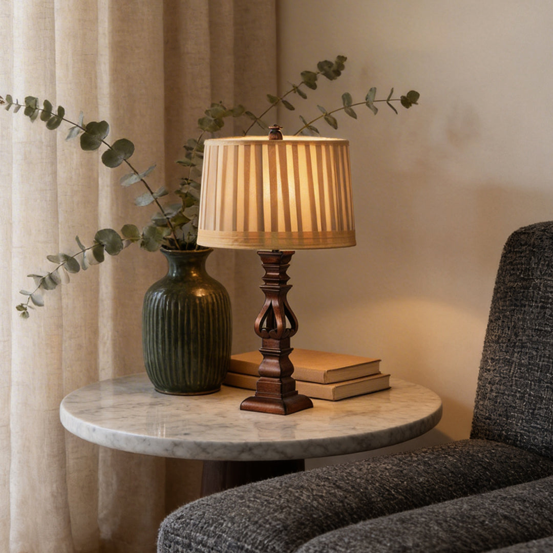 Vintage Wood Table Lamp – Distressed Tower Resin Base & Striped Linen Drum Shade Light