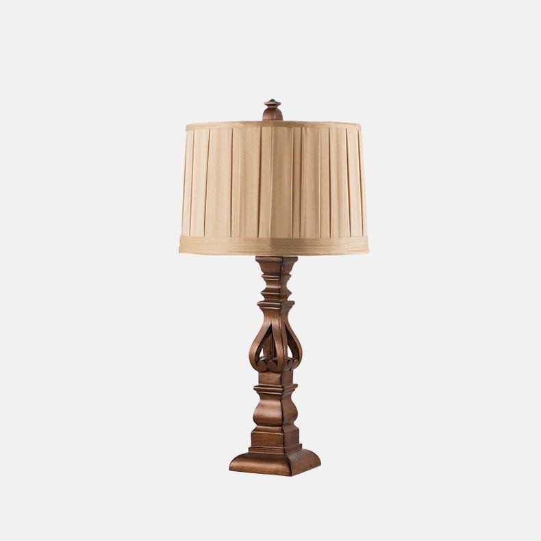 Vintage Wood Table Lamp – Distressed Tower Resin Base & Striped Linen Drum Shade Light