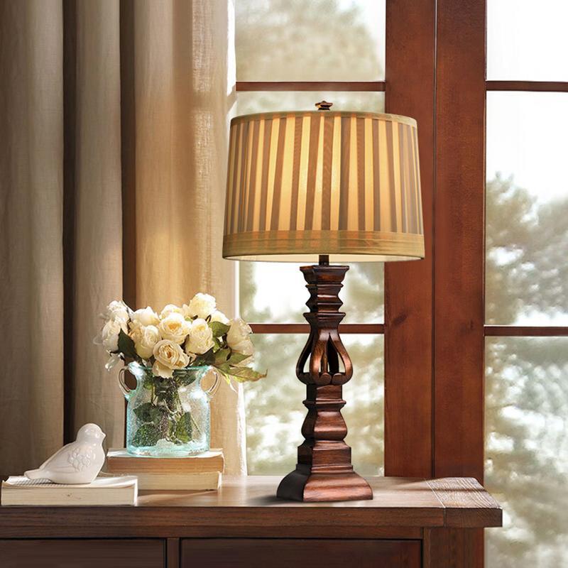 Vintage Wood Table Lamp – Distressed Tower Resin Base & Striped Linen Drum Shade Light