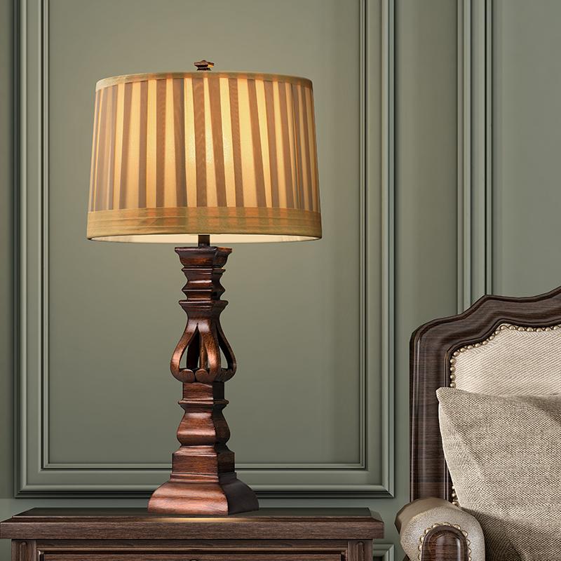 Vintage Wood Table Lamp – Distressed Tower Resin Base & Striped Linen Drum Shade Light