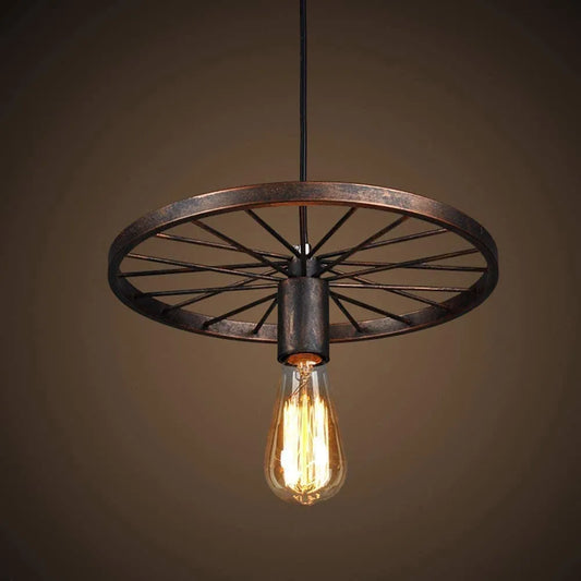 Industrial Wagon Wheel Steampunk Pendant Light - 30cm Antique Bronze Iron & Exposed Edison Bulb Pendant